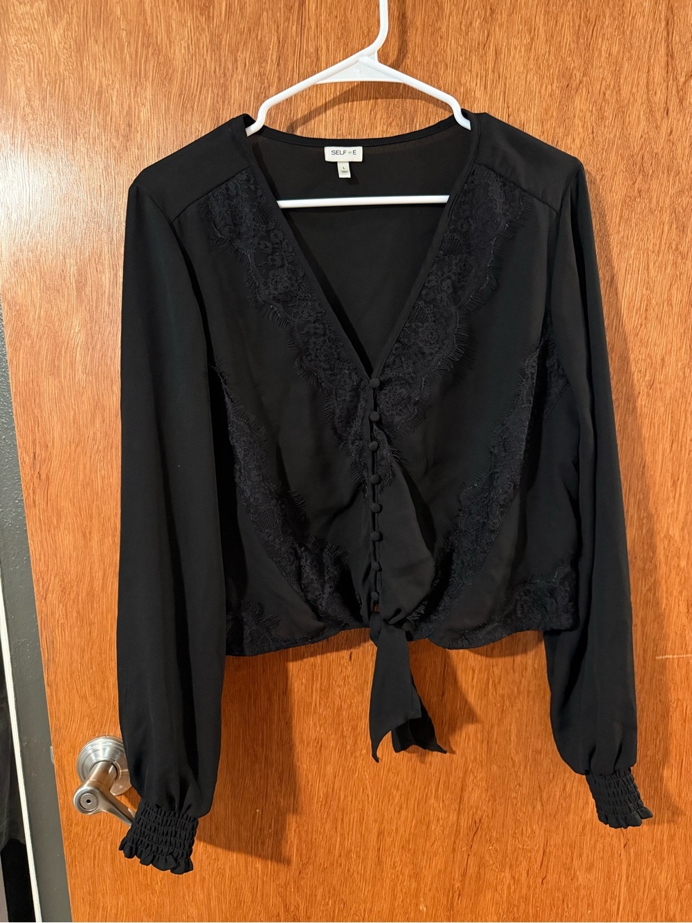 Black Lace-Trim Tie-Front Blouse